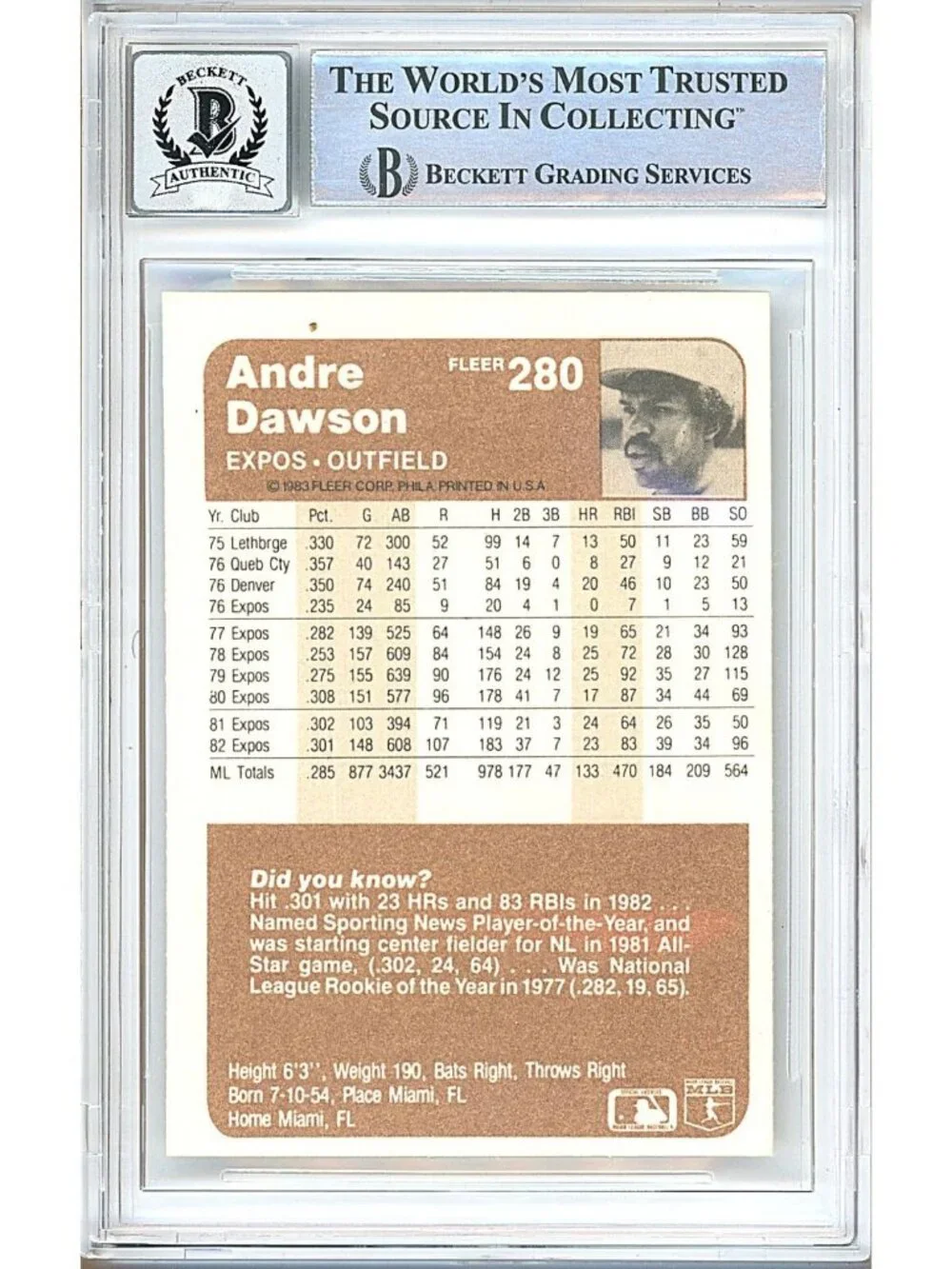 Andre Dawson Signed 1983 Fleer #280 Montreal Expos BGS Auto 10 BAS Slab Card